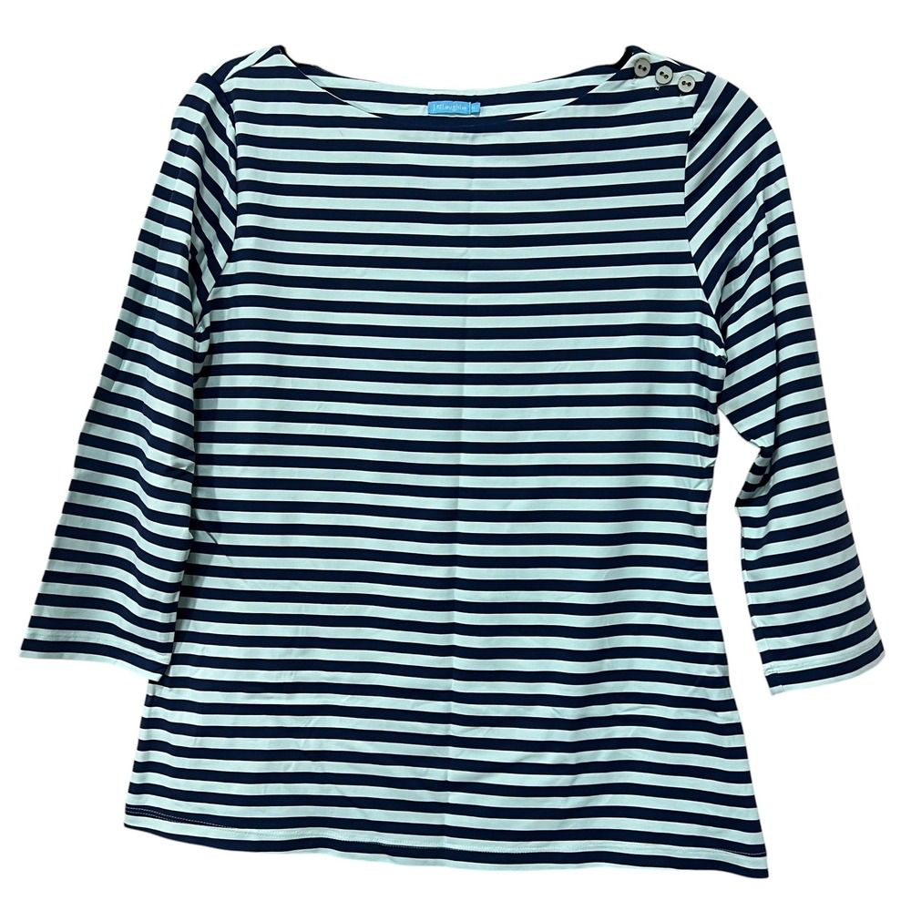 Nautical Striped Boatneck Top Button Shoulder Navy Green Women M J.McLaughlin A6